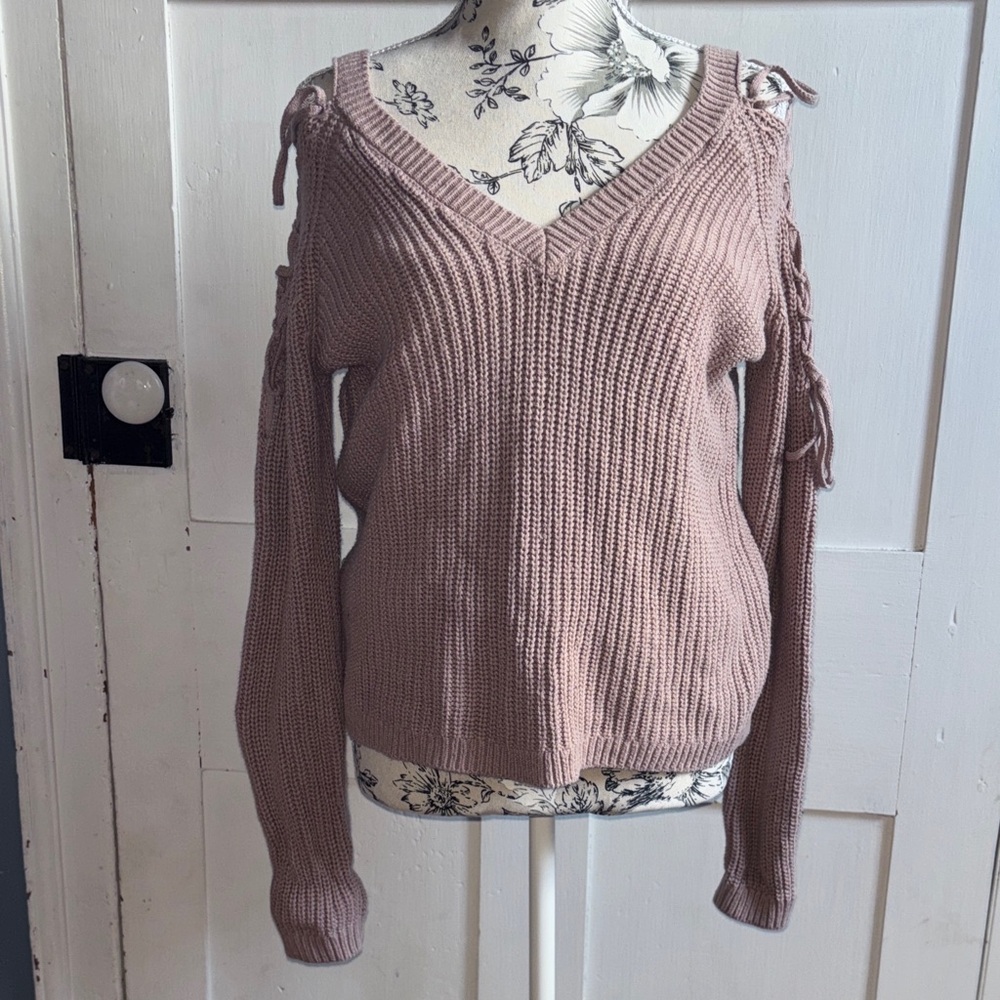 La Hearts Blush Pink Deep V Neck Sweater Lace Up Cut Out Cold Shoulder Sleeves